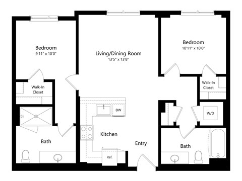 Floor plan for 2 beds, 2 baths, 964 sqft